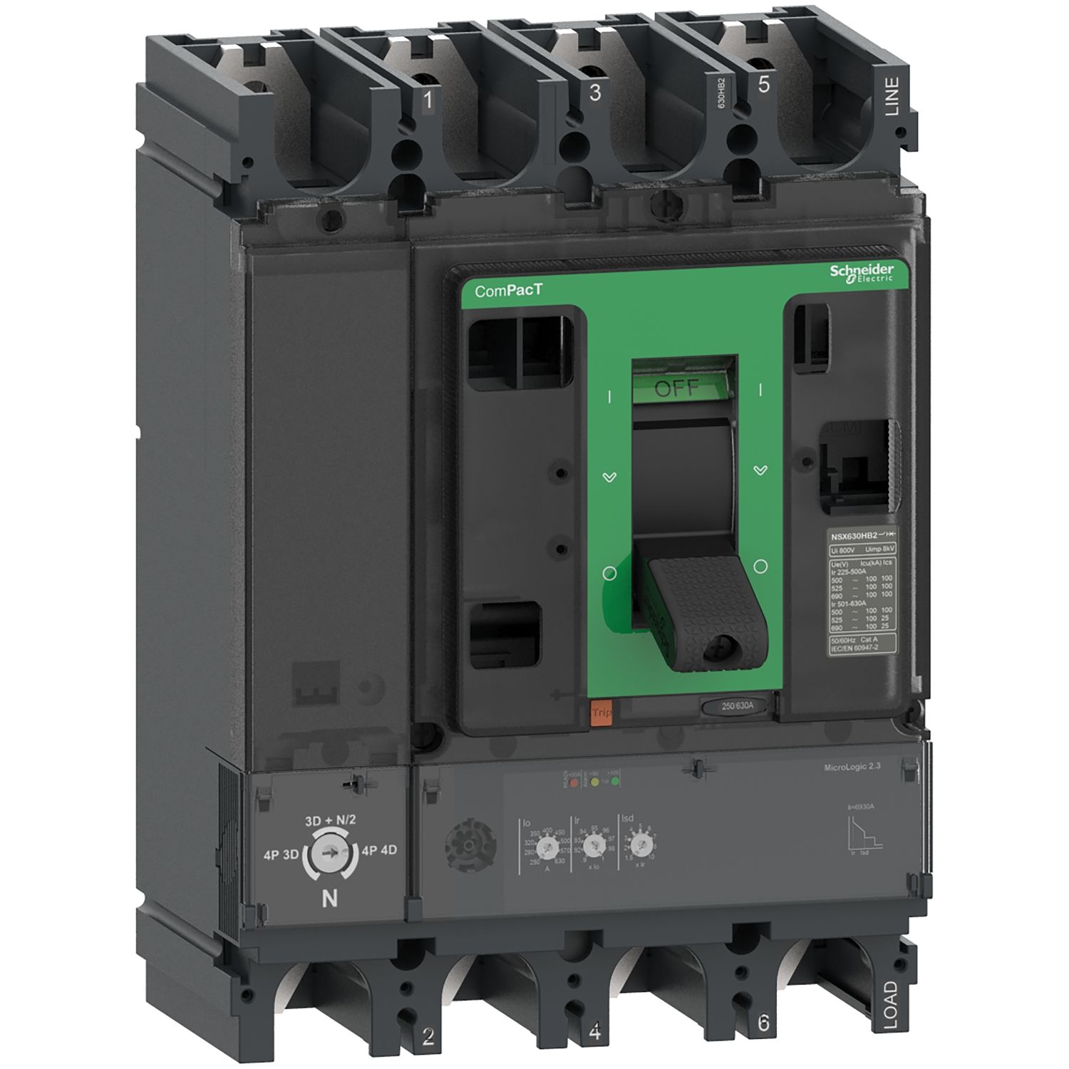 Picture of Circuit breaker, ComPacT NSX630HB2, 100kA/690VAC, 4 poles, MicroLogic 2.3 trip unit 630A