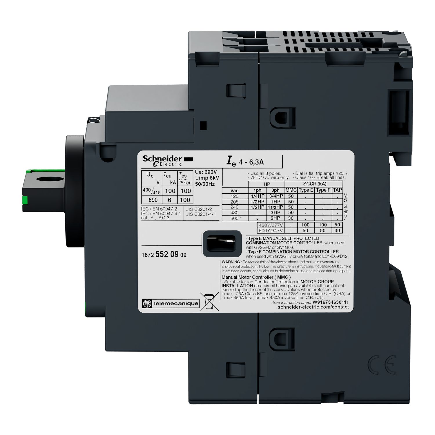 Picture of Motor circuit breaker, TeSys GV2, TeSys Deca, 3P, 14A, magnetic, rotary handle, screw clamp terminals