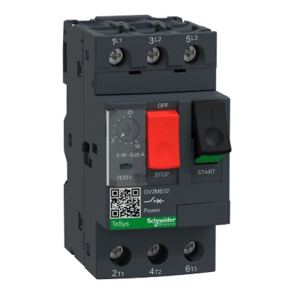 Picture of Motor circuit breaker, TeSys GV2, TeSys Deca, 3P, 0.16 to 0.25A, thermal magnetic, screw clamp terminals, button control
