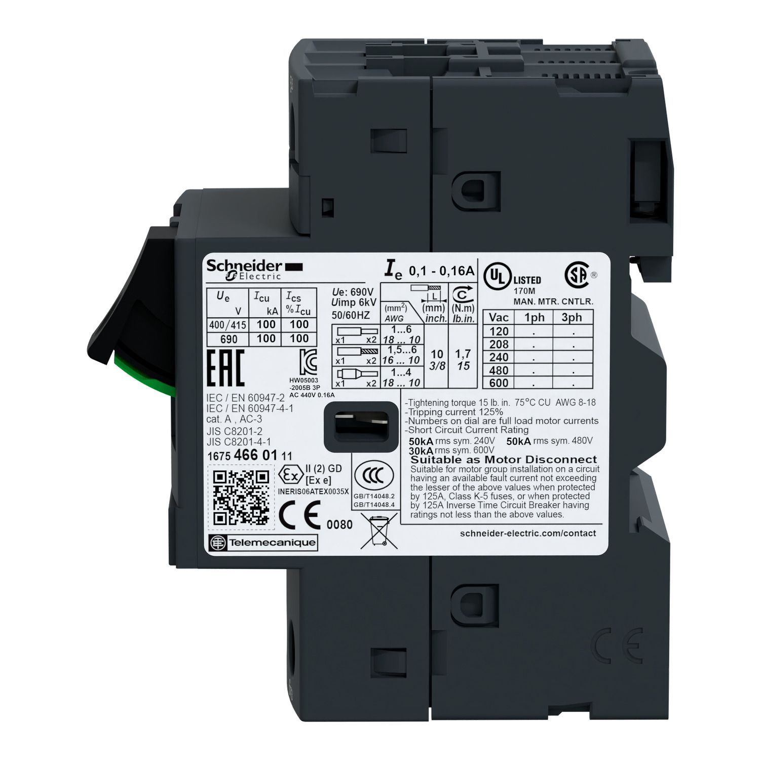 Picture of Motor circuit breaker, TeSys GV2, TeSys Deca, 3P, 0.25 to 0.4A, thermal magnetic, screw clamp terminals, button control