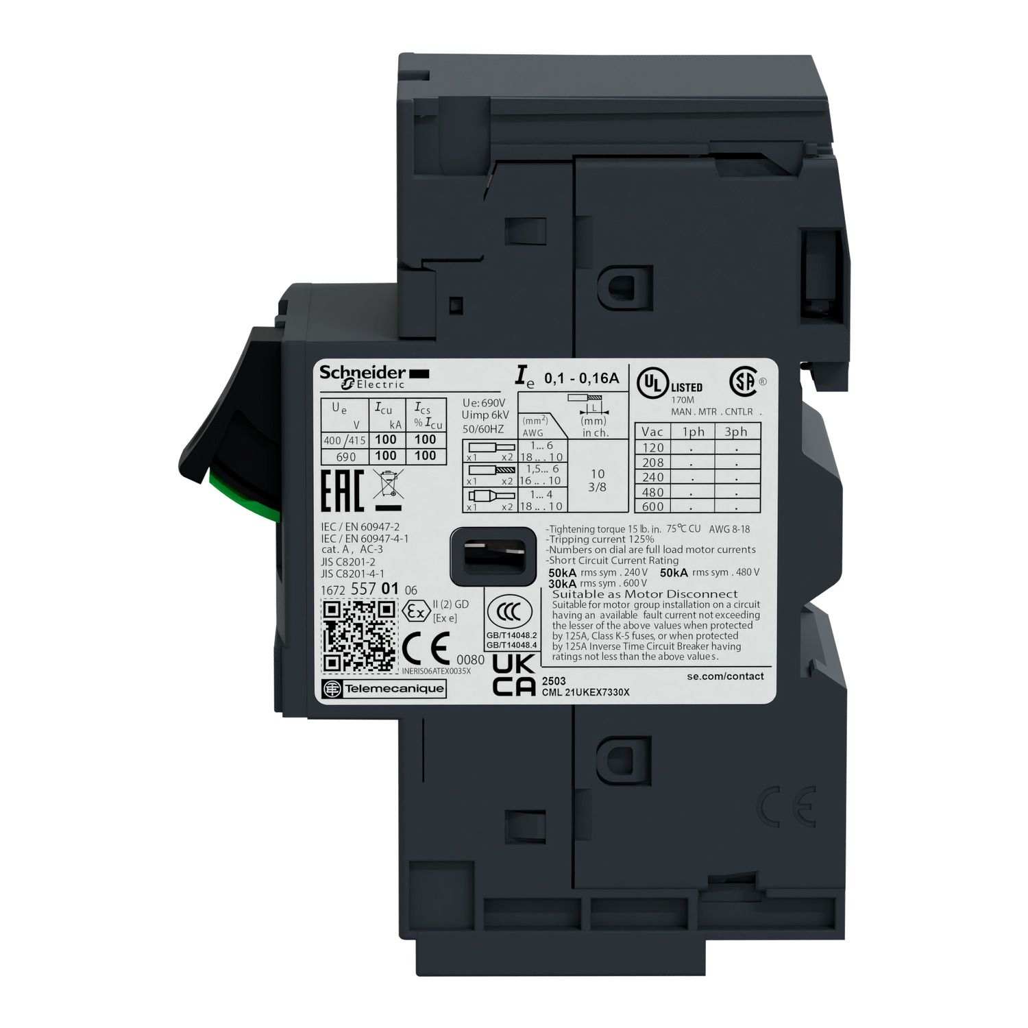 Picture of Motor circuit breaker,TeSys Deca frame 2,3P,0.4-0.63A,thermal magnetic,push button,spring terminals