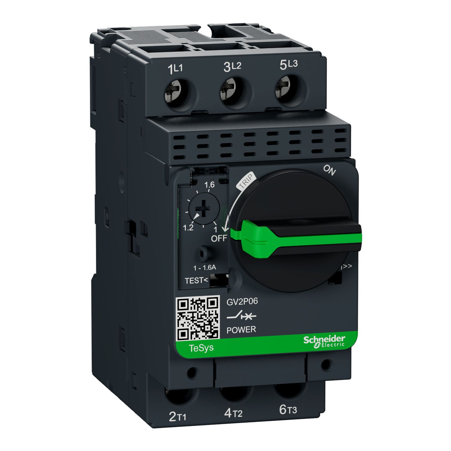 Picture of Motor circuit breaker, TeSys GV2, TeSys Deca, 3P, 1 to 1.6A, thermal magnetic, screw clamp terminals, rotary handle