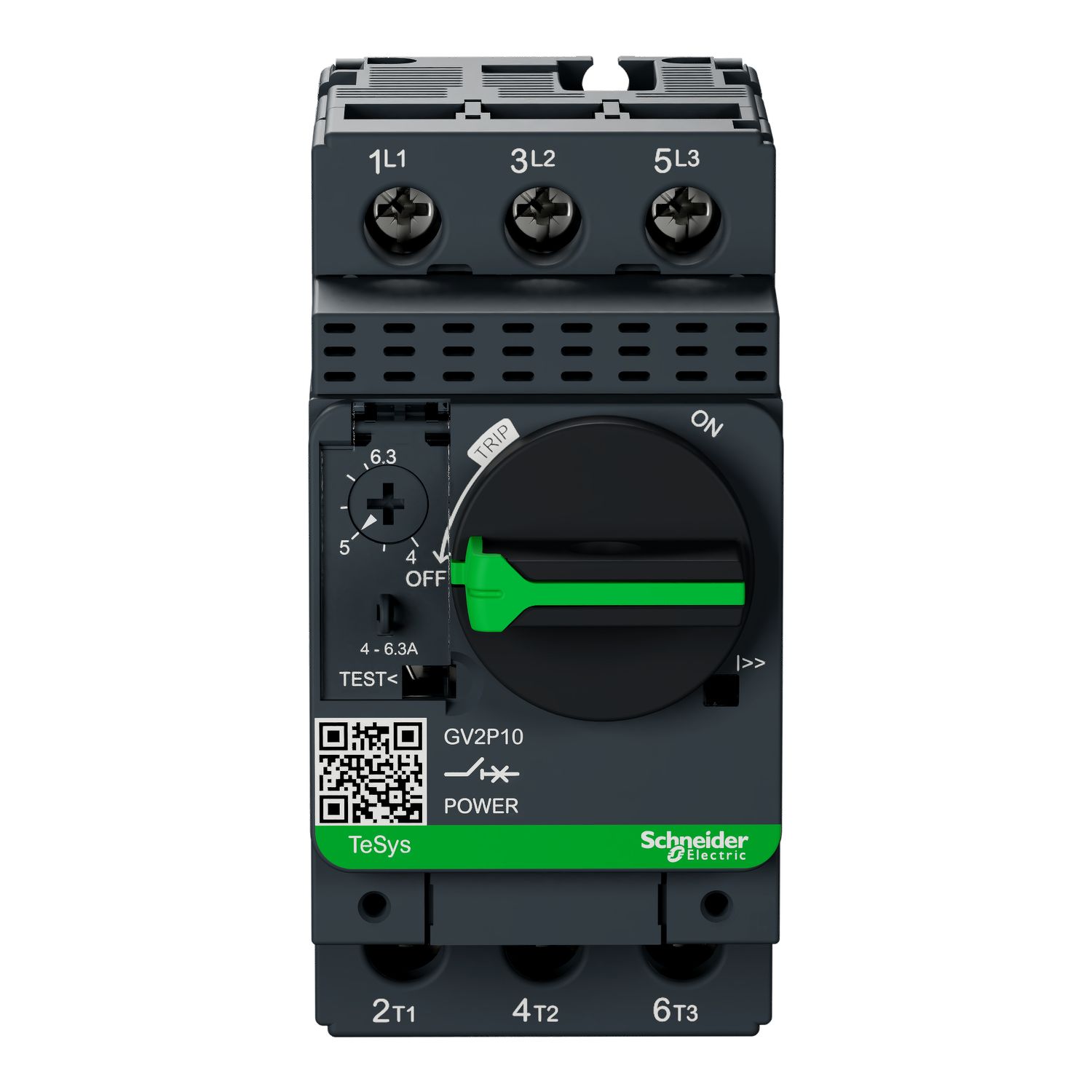 Picture of Motor circuit breaker, TeSys GV2, TeSys Deca, 3P, 4 to 6.3A, thermal magnetic, screw clamp terminals, rotary handle