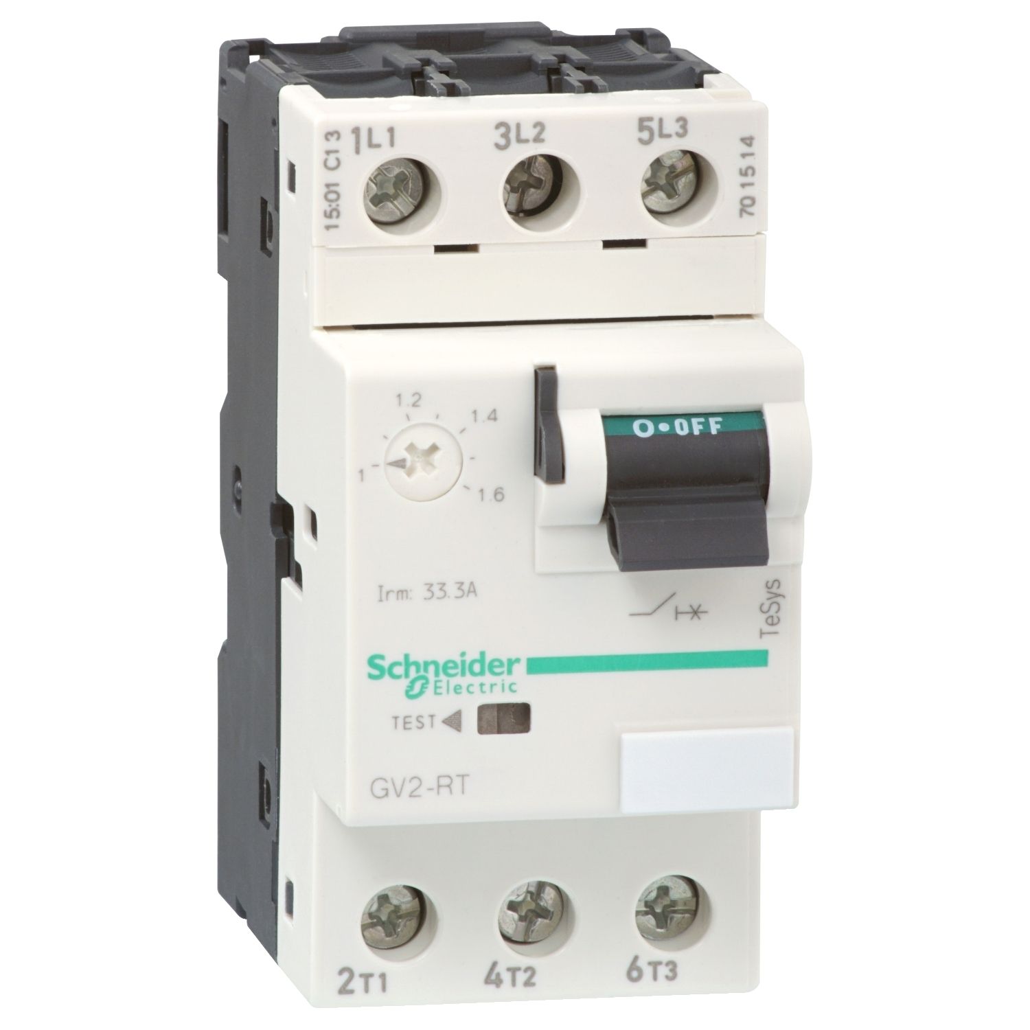 Picture of Motor circuit breaker, TeSys GV2, TeSys Deca,3P,1-1.6A,thermal magnetic,screw clamp terminals,toggle handle
