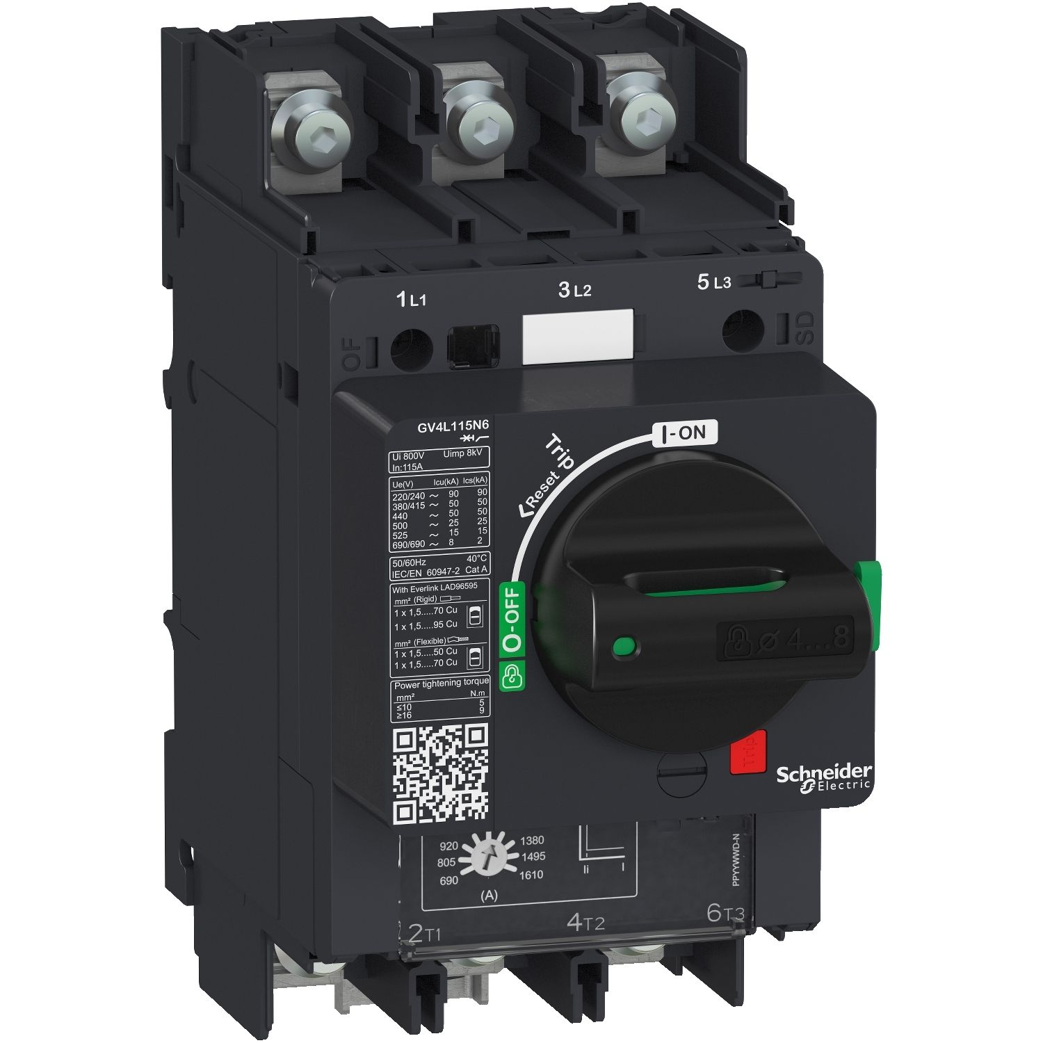 Picture of Motor circuit breaker, TeSys GV4, TeSys GV4, 3P, 115A, Icu 50kA, magnetic, lugs terminals