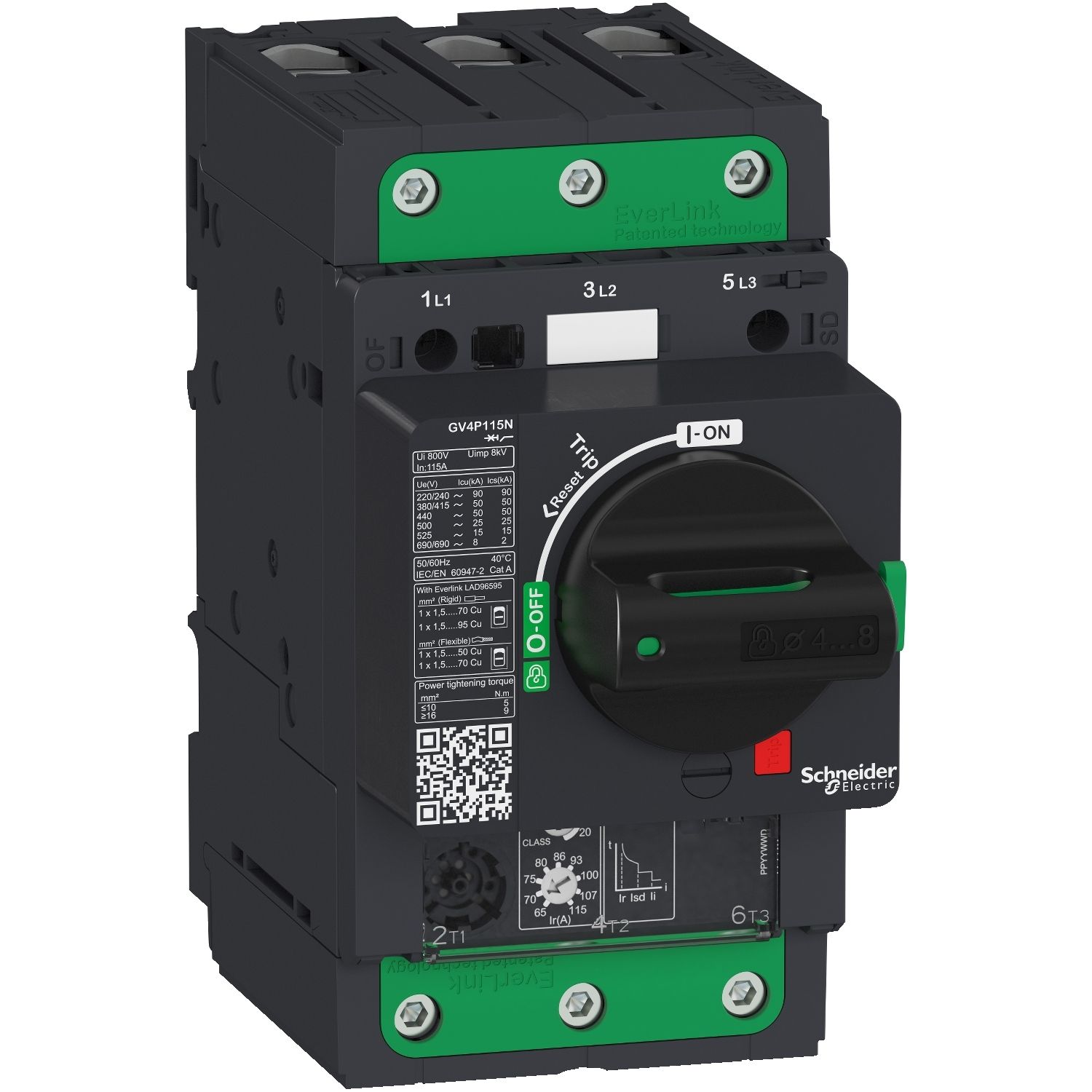Picture of Motor circuit breaker, TeSys GV4, TeSys GV4, 3P, 115A, Icu 100kA, thermal magnetic, Everlink terminals
