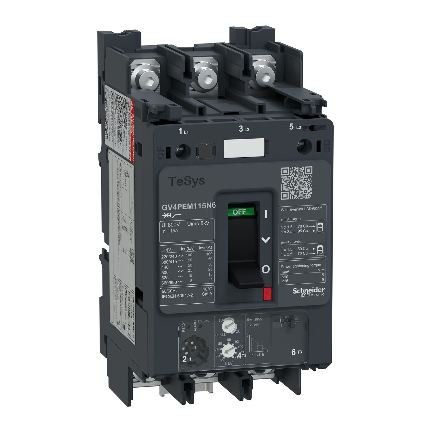 Picture of Motor circuit breaker, TeSys GV4, TeSys GV4, 3P, 115A, Icu 50kA, thermal magnetic multifunction, lugs terminals
