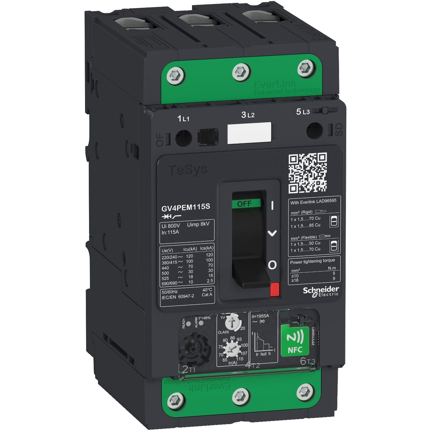 Picture of Motor circuit breaker, TeSys GV4, TeSys GV4, 3P, 115A, Icu 100kA, thermal magnetic multifunction, Everlink terminals