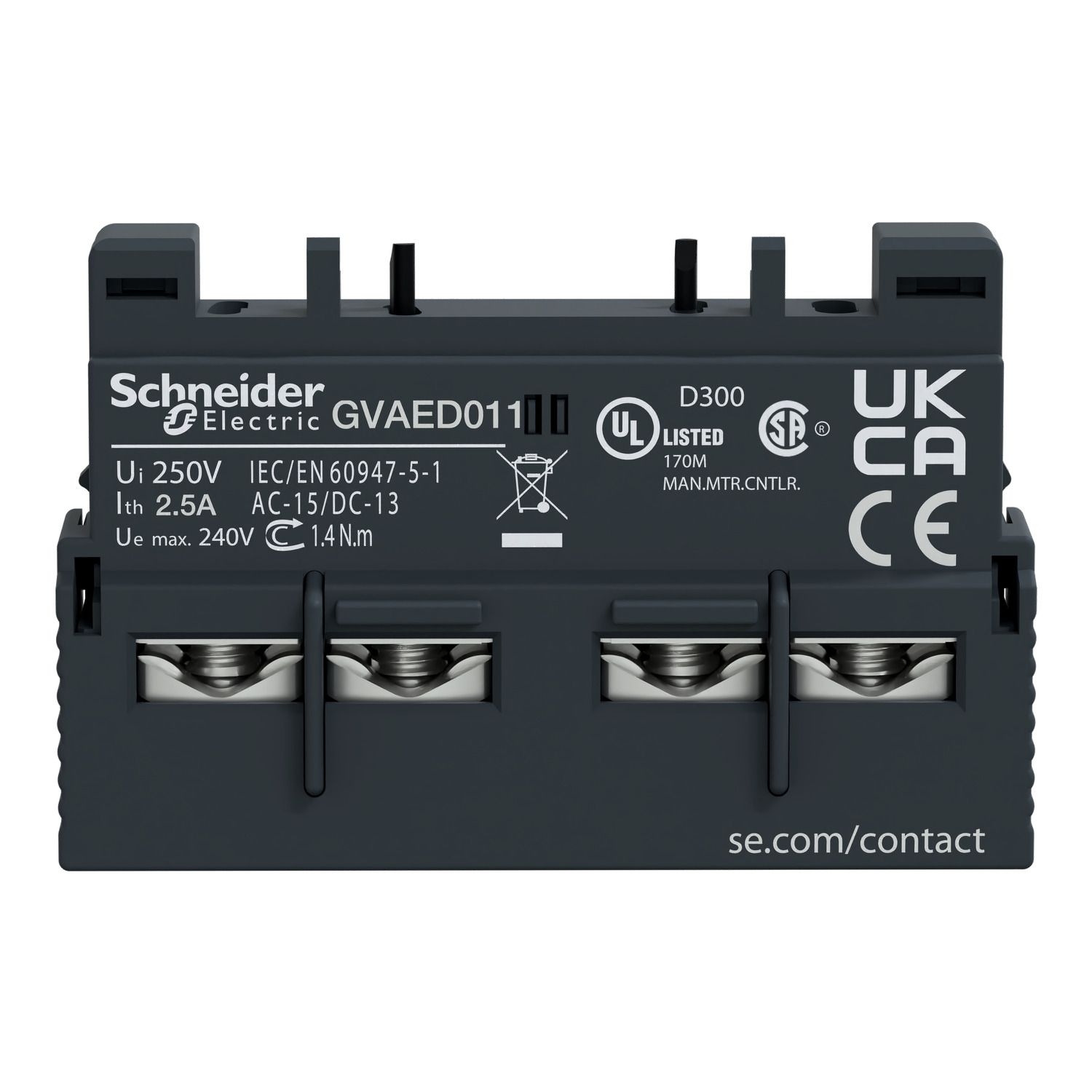 Picture of Add-on contact block,TeSys Deca Frame 2/3,1NC+1NO(fault),front,for GV2/GV3(except GV3ME)