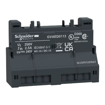 Picture of Add-on contact block,TeSys Deca Frame 2/3,1NC+1NO(fault),front,spring terminal,for GV2/GV3(except GV3ME)