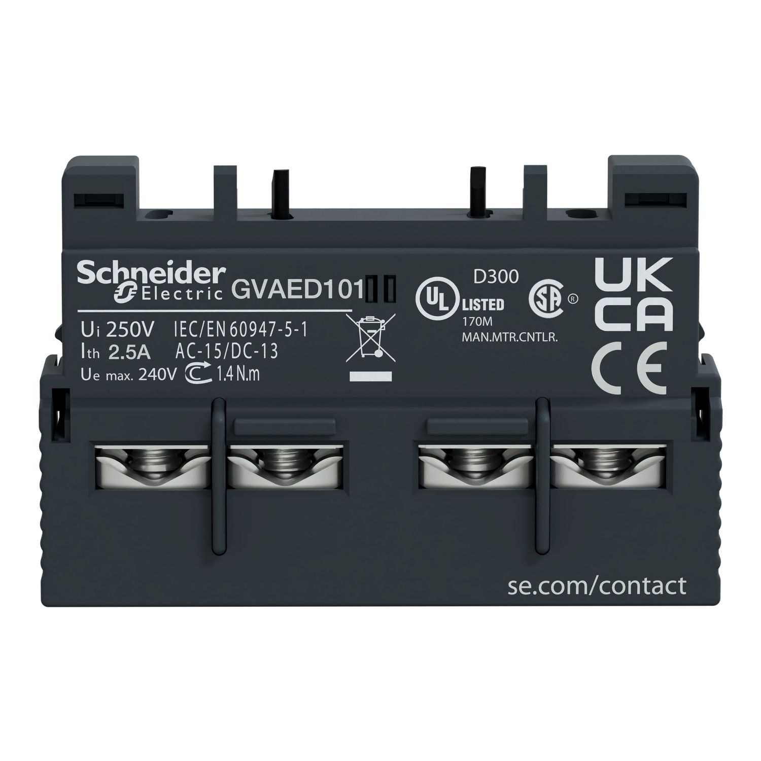 Picture of Auxiliary contact block,TeSys Deca,1NO(fault)+1NO,front mounting,for GV2/GV3P/GV3L