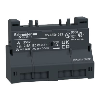 Picture of Add-on contact block,TeSys Deca Frame 2/3,1NO+1NO(fault),front,spring terminal,for GV2/GV3(except GV3ME)