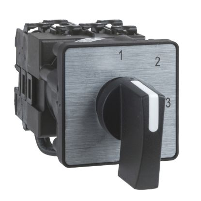 Picture of Cam changeover switch, Harmony K, multifixing, plastic, 2 poles, position 0, 45 degree, 20A, 45x45mm, metallic legend, marked 2/0/1, 35mm black handle