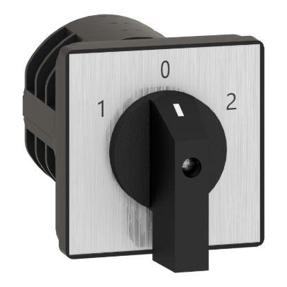 Picture of Complete cam switch, Harmony K1, K2, cam changeover switch, front mounting, plastic, 4 poles, position 0, 30degrees, 32A, 64x64mm, marked 1 0 2