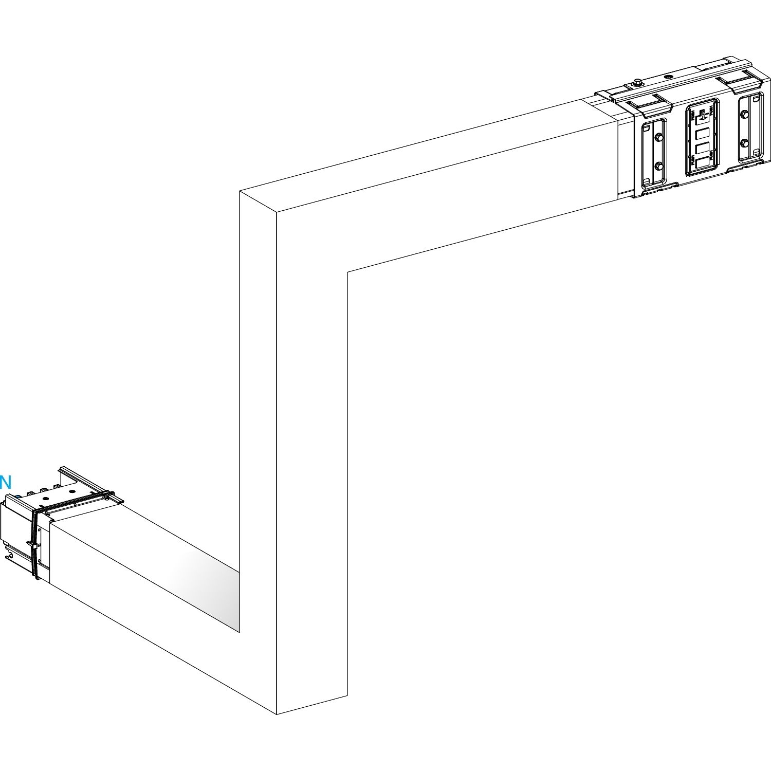 Picture of Multiple, Canalis KSA630, aluminium, 500/630A, all sides made to measure, downward then turns right, 3L+N+PE, RAL9001