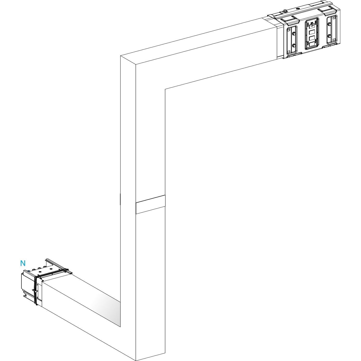 Picture of Multiple, Canalis KSA630, Alu, 500/630A, all sides made to measure, 1 fire barrier, downward then turns right, RAL9001