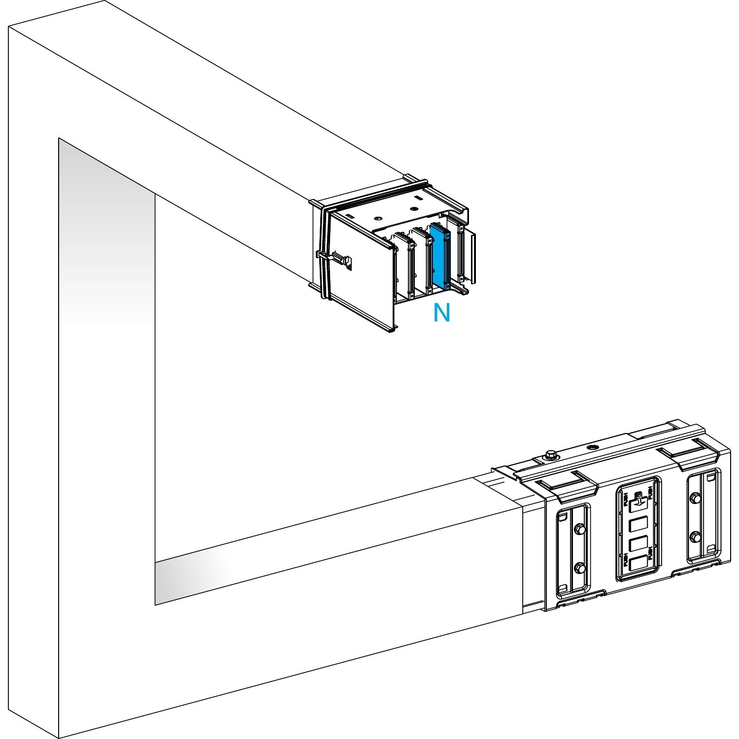 Picture of Multiple, Canalis KSA630, aluminium, 500/630A, all sides made to measure, upward then turns left, 3L+N+PE, white RAL9001