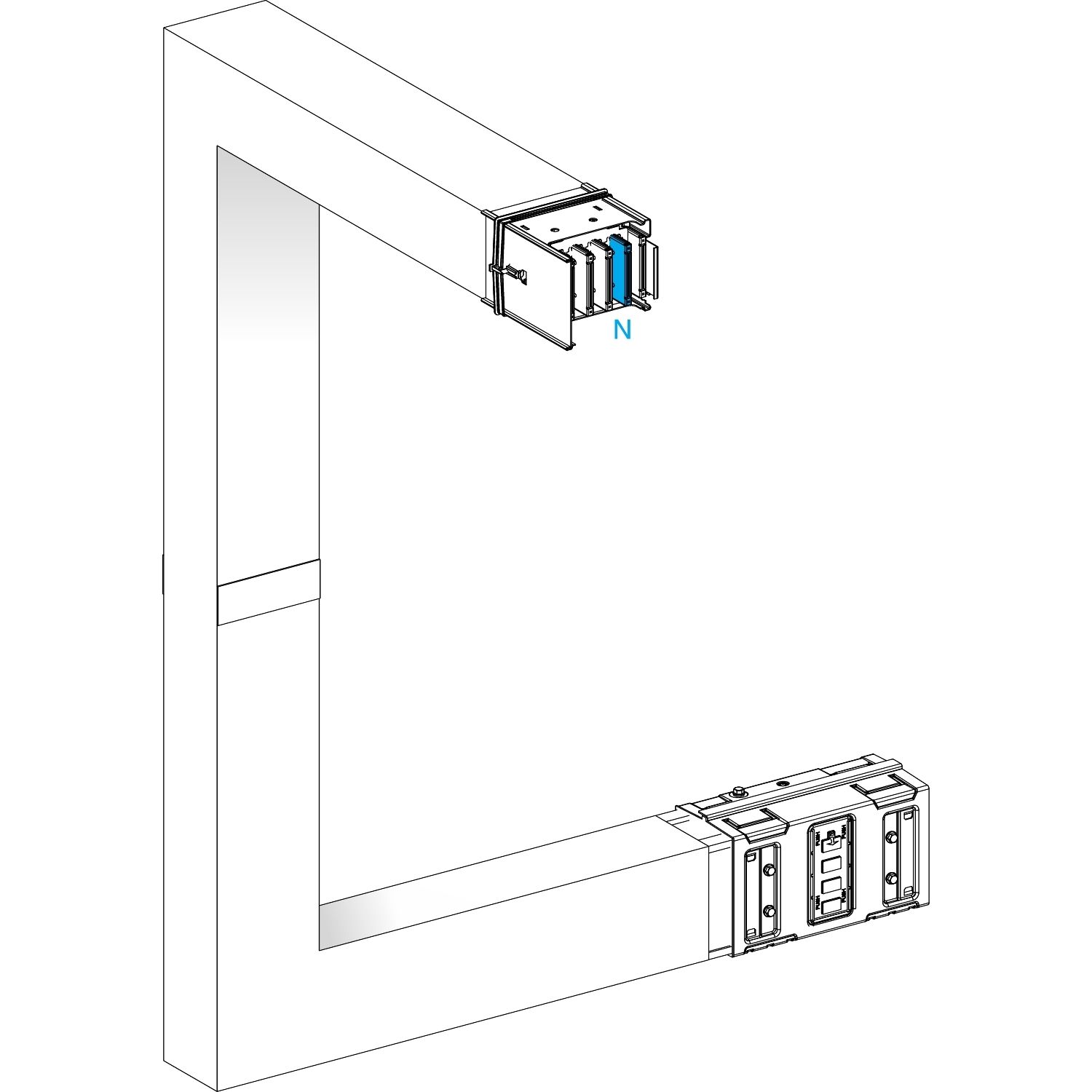 Picture of Multiple, Canalis KSA630, Alu, 500/630A, all sides made to measure, 1 fire barrier, upward then turns left, RAL9001