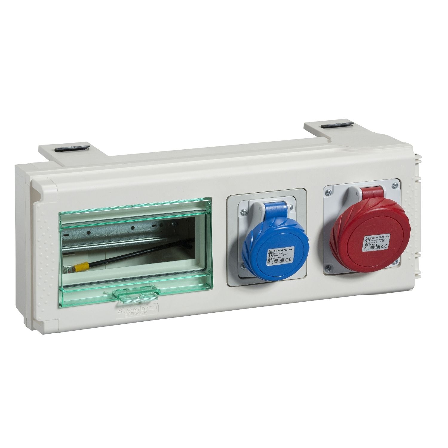 Picture of Tap off unit, Canalis KS 100A to 1000A, 8 modules of 18mm, 32A, DIN rail, 3L+N+PE, 2 industrial sockets, IP55, RAL9001