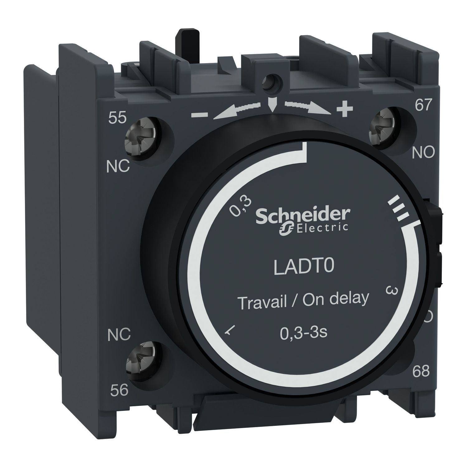 Picture of Time delay Auxiliary Contact Block, TeSys D, TeSys Deca, 1NO + 1NC, on delay 0.3-3s, front, screw clamp terminals