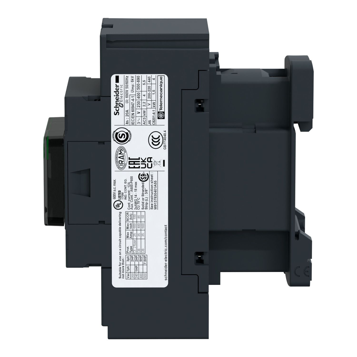 Picture of Contactor, TeSys Deca, 3P(3NO), AC-3/AC-3e, <=440V, 12A, 110V DC coil, spring terminals