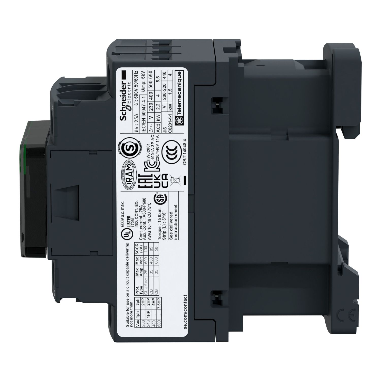 Picture of Contactor, TeSys D, 3P(3 NO), AC-3/AC-3e, 0 to 440V, 18A, 24VDC low consumption coil