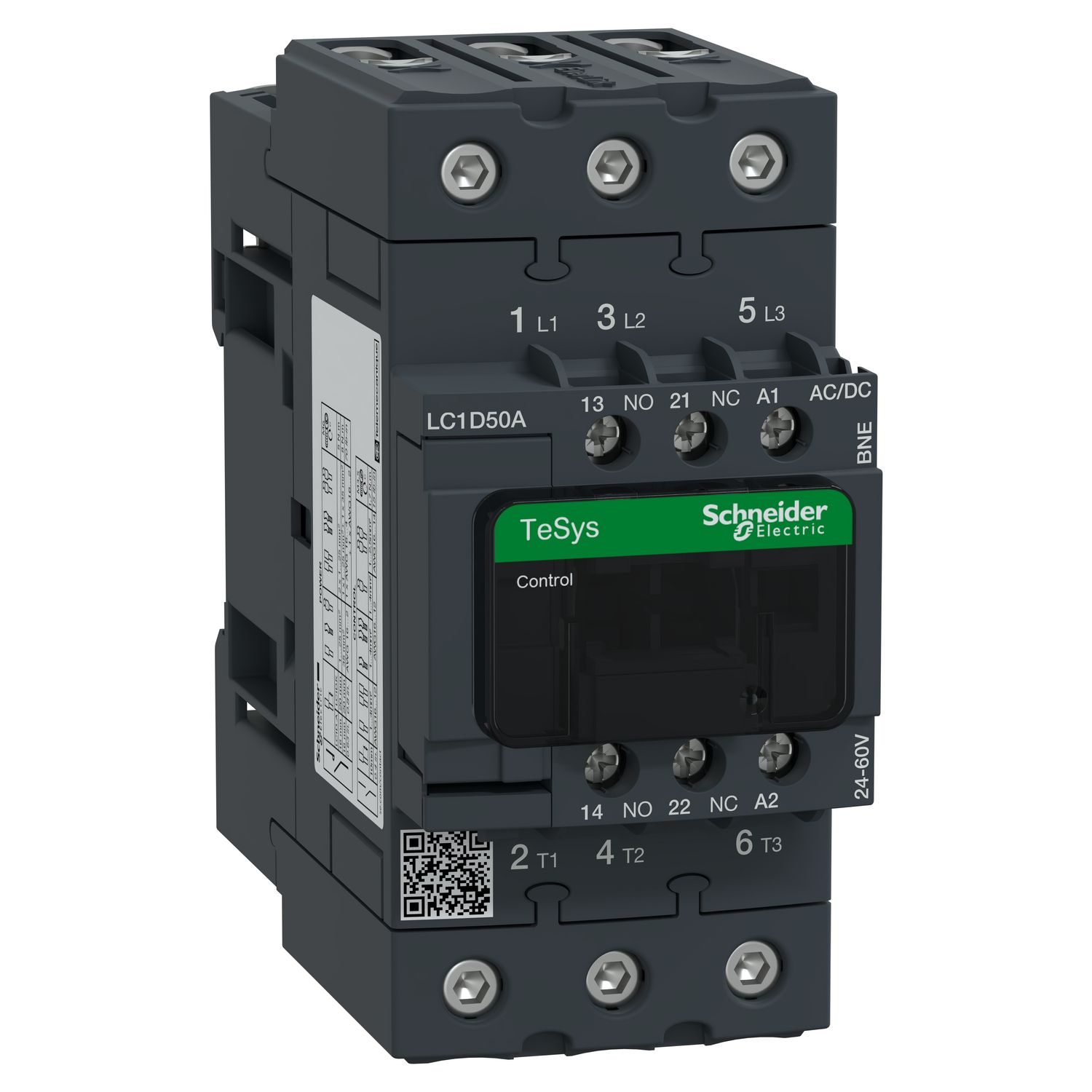 Picture of Contactor, TeSys D, TeSys Deca, 3P(3 NO), AC-3/AC-3e, 0 to 440V, 50A, 24 to 60VAC/DC coil, EverLink