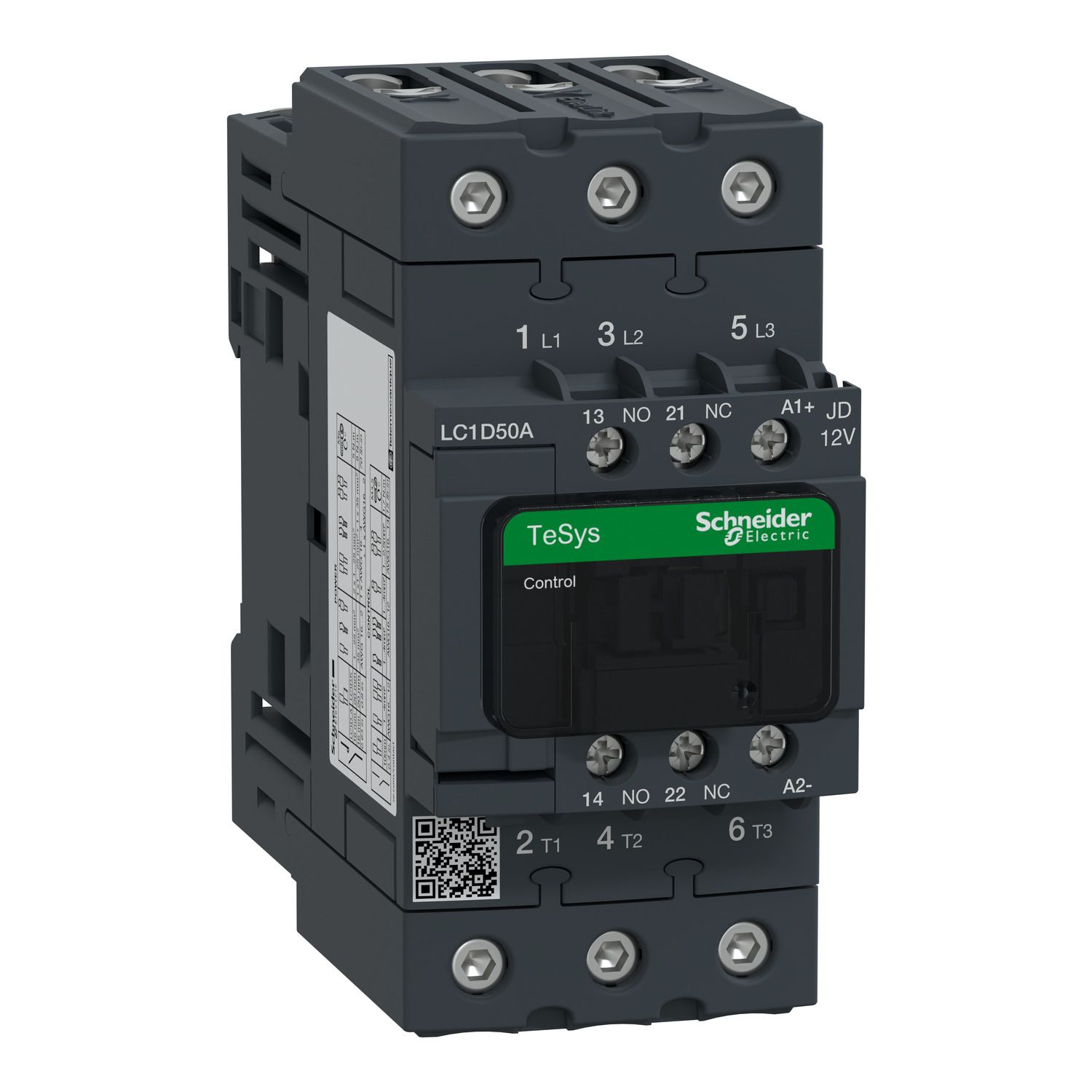 Picture of Contactor, TeSys D, TeSys Deca, 3P(3 NO), AC-3/AC-3e, 0 to 440V, 50A, 12VDC standard coil