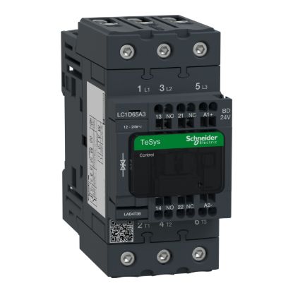 Picture of Contactor, TeSys Deca, 3P(3 NO), AC-3/AC-3e, <=400V, 65A, 24V DC standard coil, spring terminals