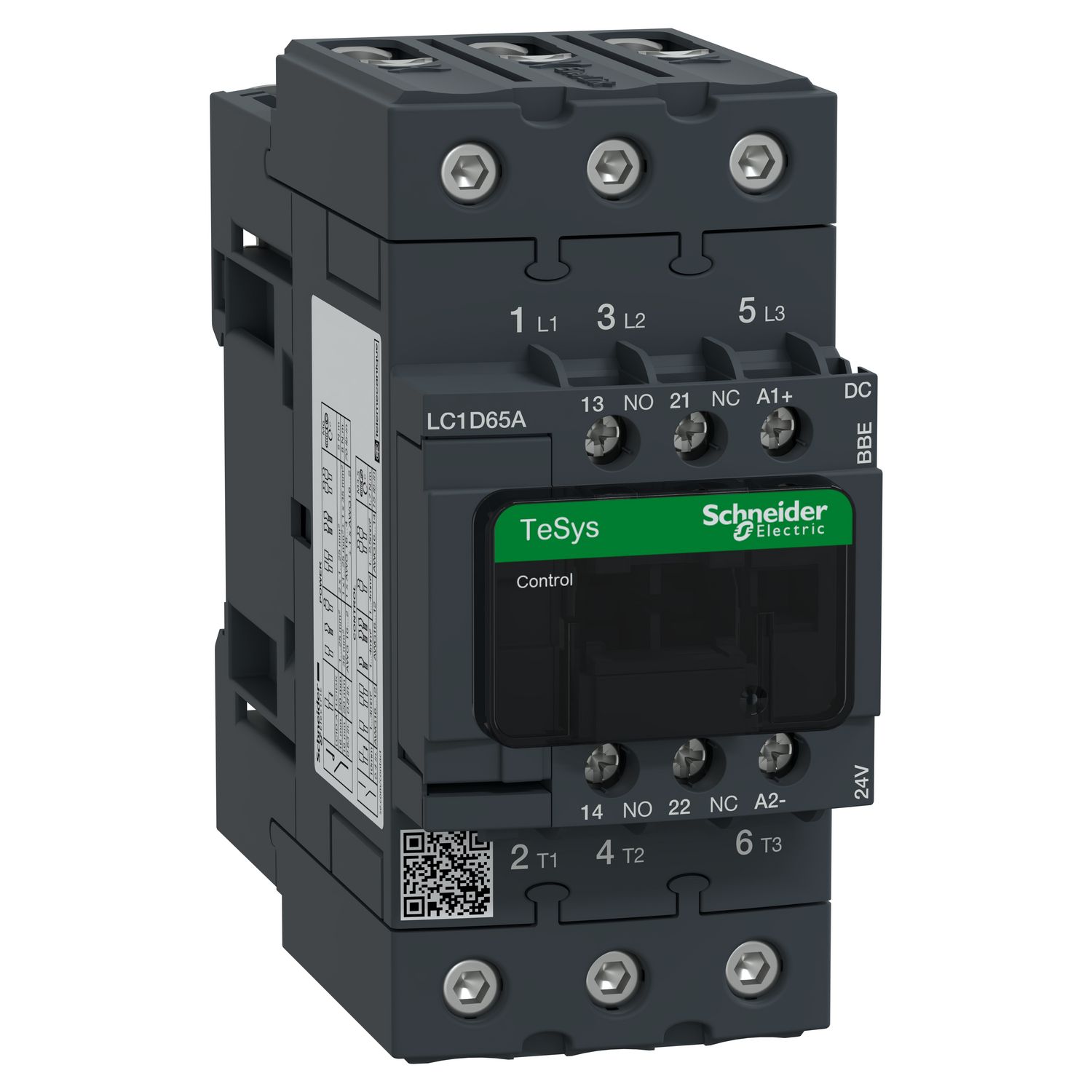 Picture of Contactor, TeSys D, TeSys Deca, 3P(3 NO), AC-3/AC-3e, 0 to 440V, 65A, 24VDC coil, EverLink