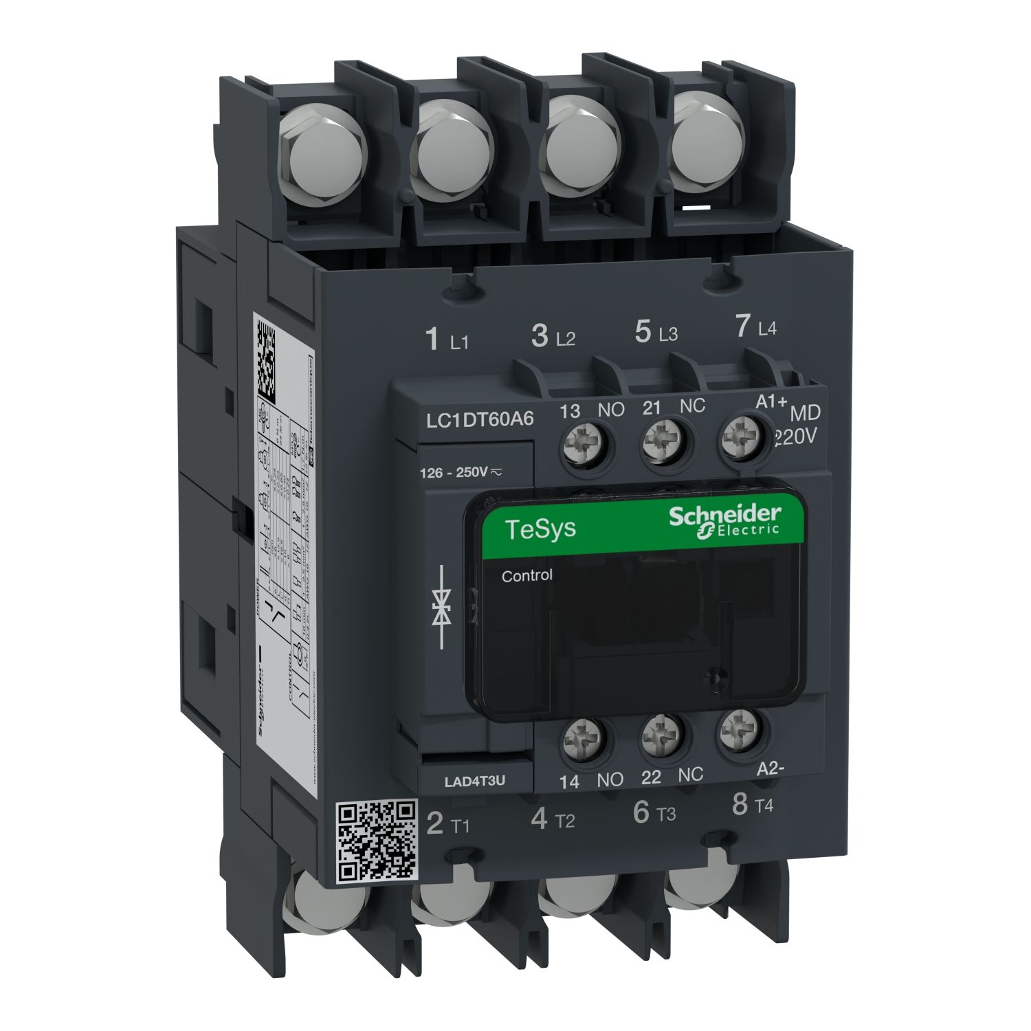 Picture of Contactor, TeSys Deca, 4P(4 NO), AC-1, <=440V, 60A, 220VDC standard coil, lugs-ring terminals