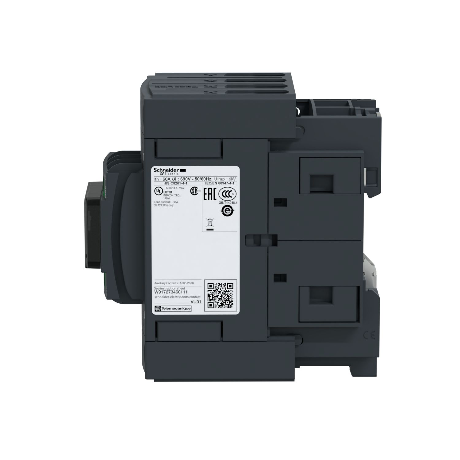 Picture of Contactor, TeSys Deca, 4P(4NO), AC-1, <=440V, 60A, 100...250V AC/DC coil, EverLink BTR screws