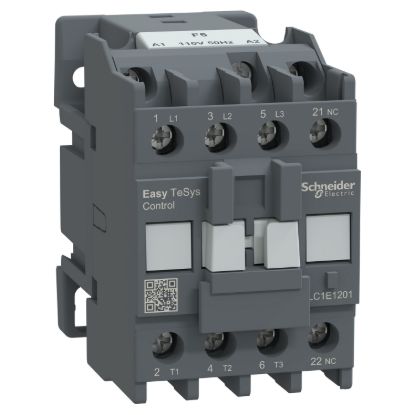 Picture of Contactor,Easy TeSys Control,LC1E,3P(3NO),AC-3,<=440V,12A,110V AC coil,50Hz,1NC auxiliary contact