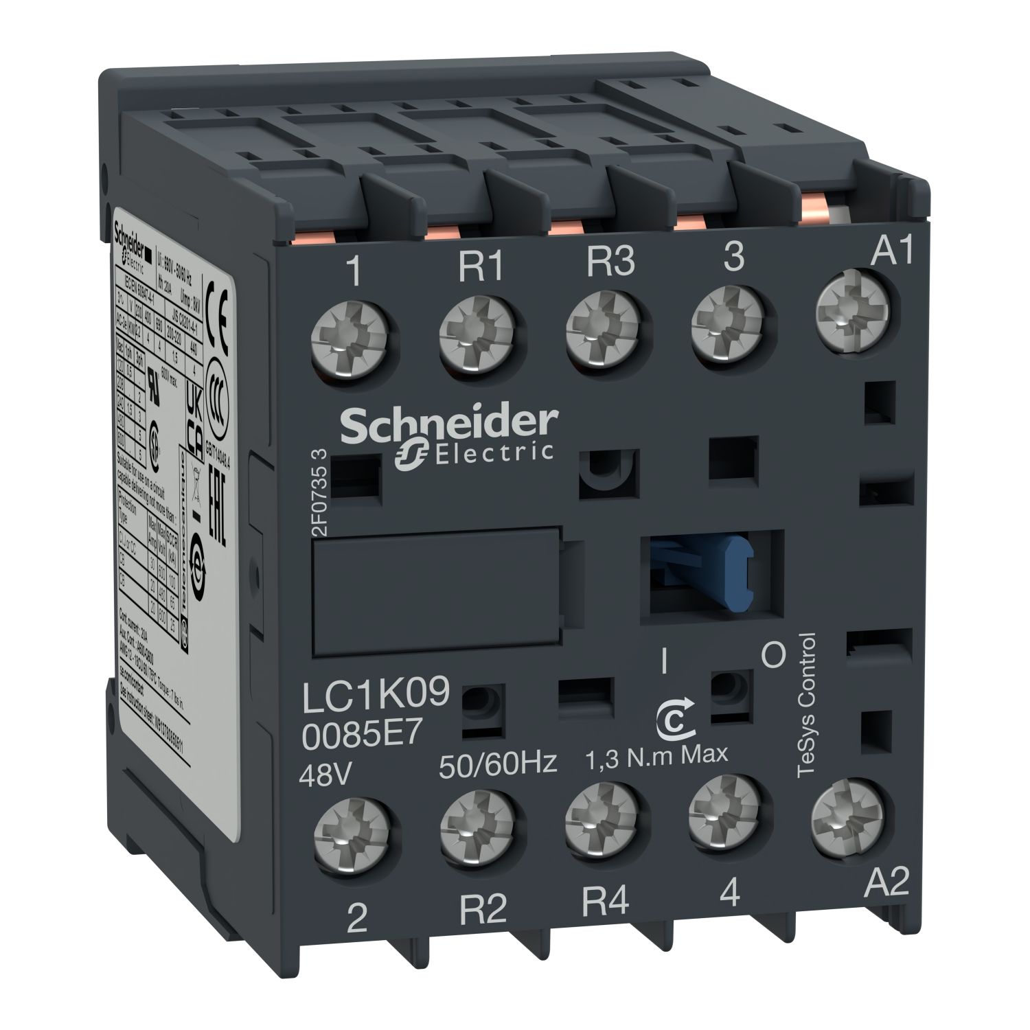 Picture of contactor, TeSys K, 4P(2NO+2NC), AC-1 440V 20A, 48V AC coil,solder pins