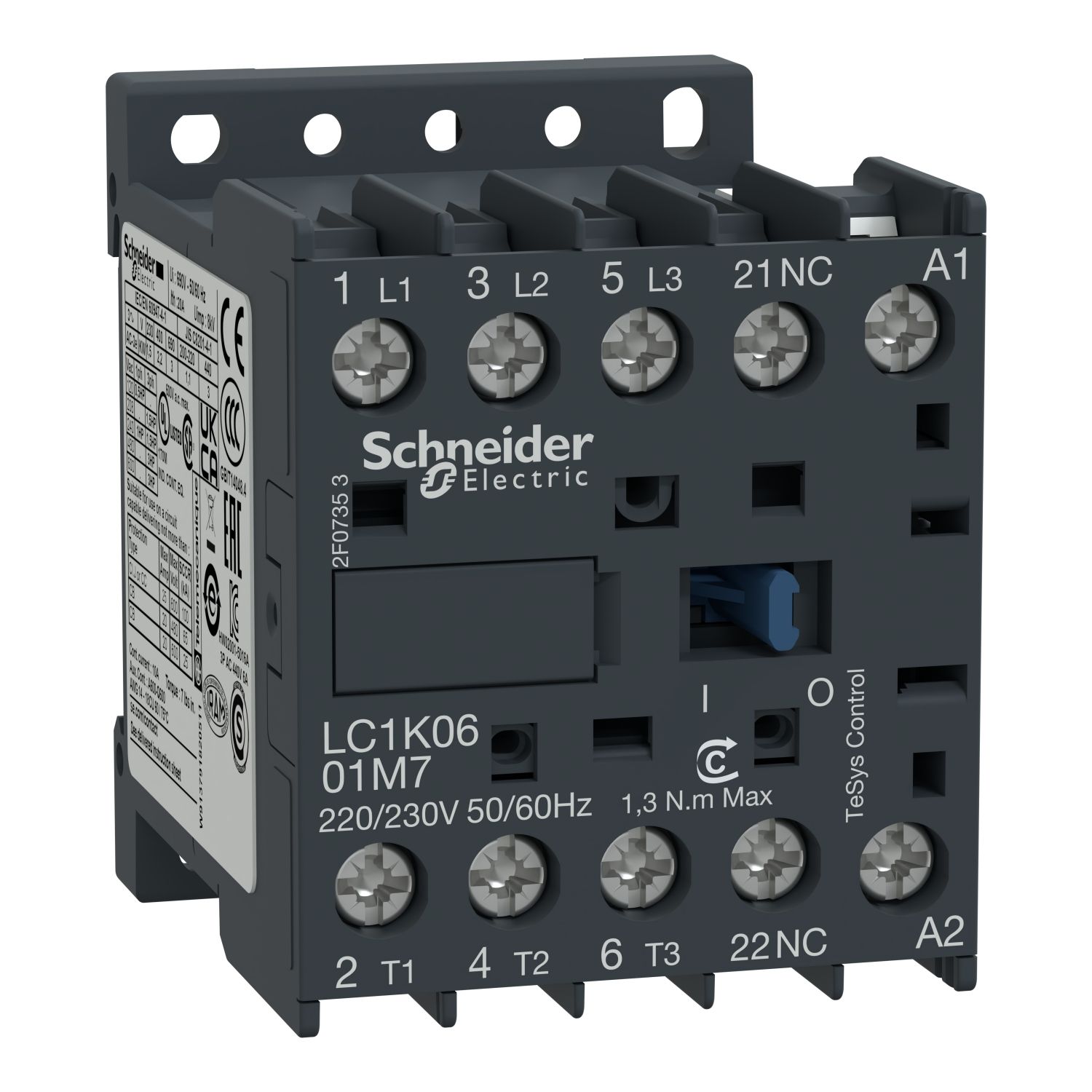 Picture of Contactor, TeSys K, 3P, AC-3/AC-3e,440V 12A, aux. 1NC, 110V AC coil, screw clamp terminals