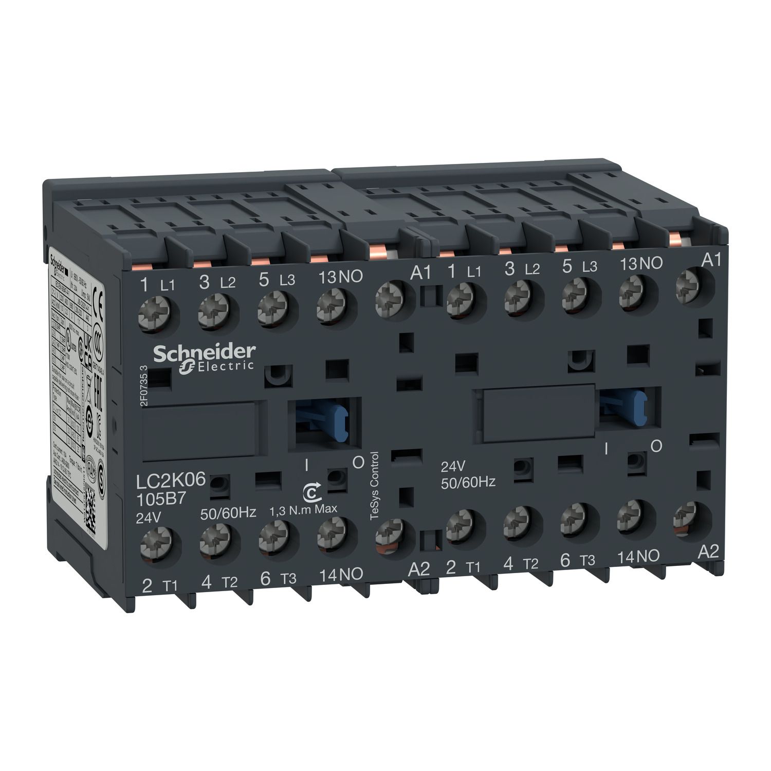 Picture of reversing Contactor, TeSys K, 3P, AC-3/AC-3e,440V 9A, 1NO, 48V AC coil, solder pins for printed circuit boards