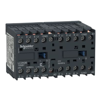 Picture of reversing Contactor, TeSys K, 3P, AC-3/AC-3e,440V 9A, 1NO, 48V AC coil, solder pins for printed circuit boards