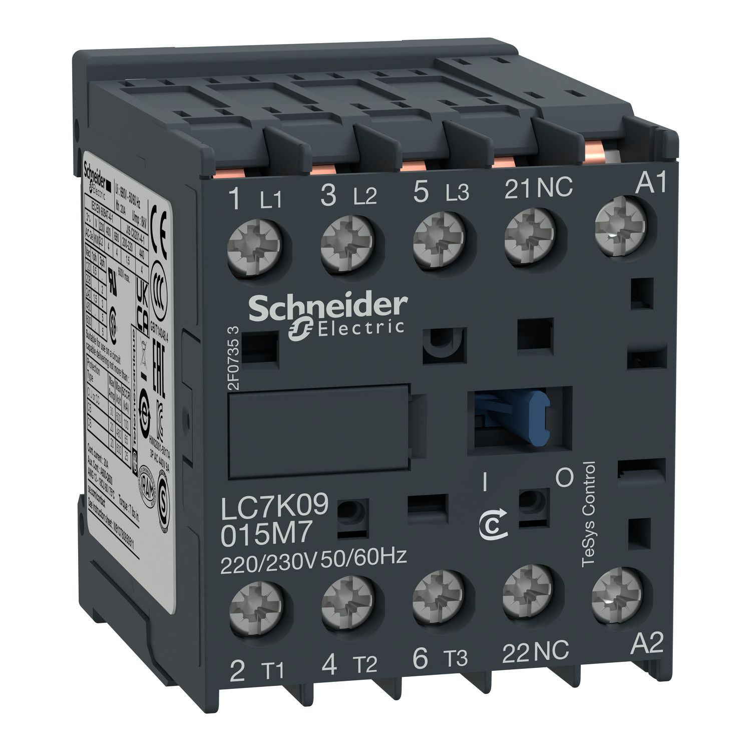 Picture of Contactor, TeSys K, 3P, AC-3/AC-3e,440V 9A, aux. 1NC, 220...230V AC coil,faston connectors