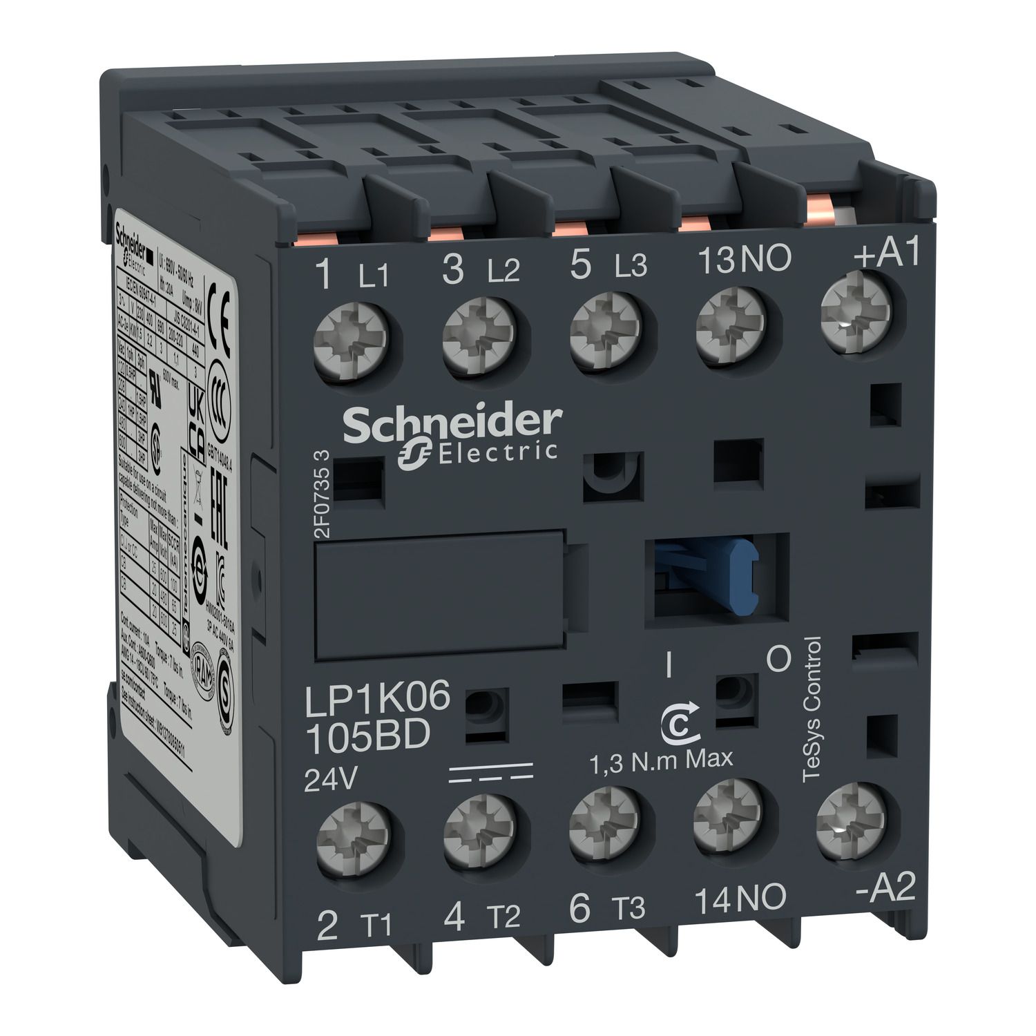 Picture of Contactor, TeSys K, 3P, AC-3/AC-3e, 440V, 9A, 1NO aux, 24V DC coil,solder pins