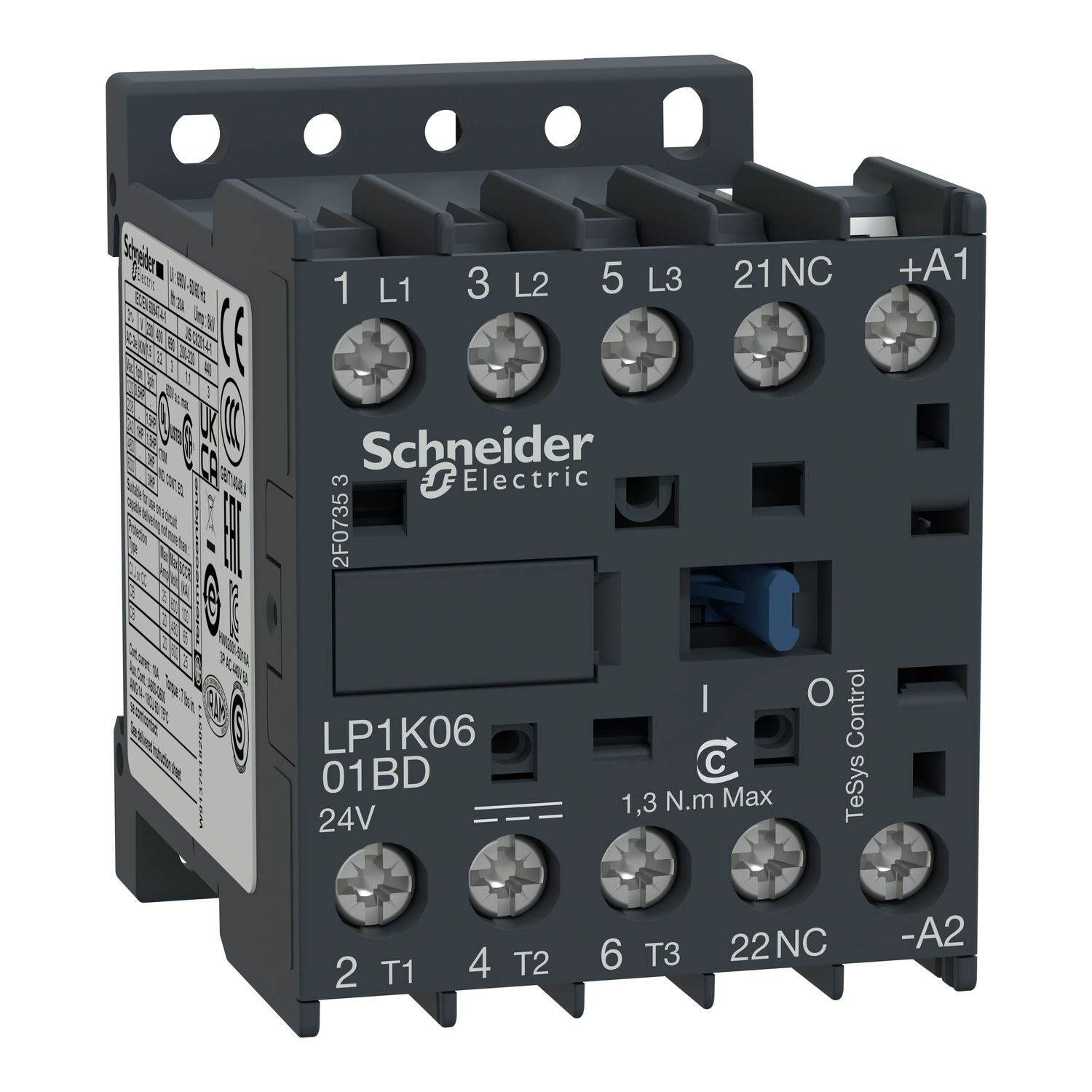 Picture of Contactor, TeSys K, 3P, AC-3/AC-3e, 440V, 12A, 1NC aux, 24V DC coil,screw clamps