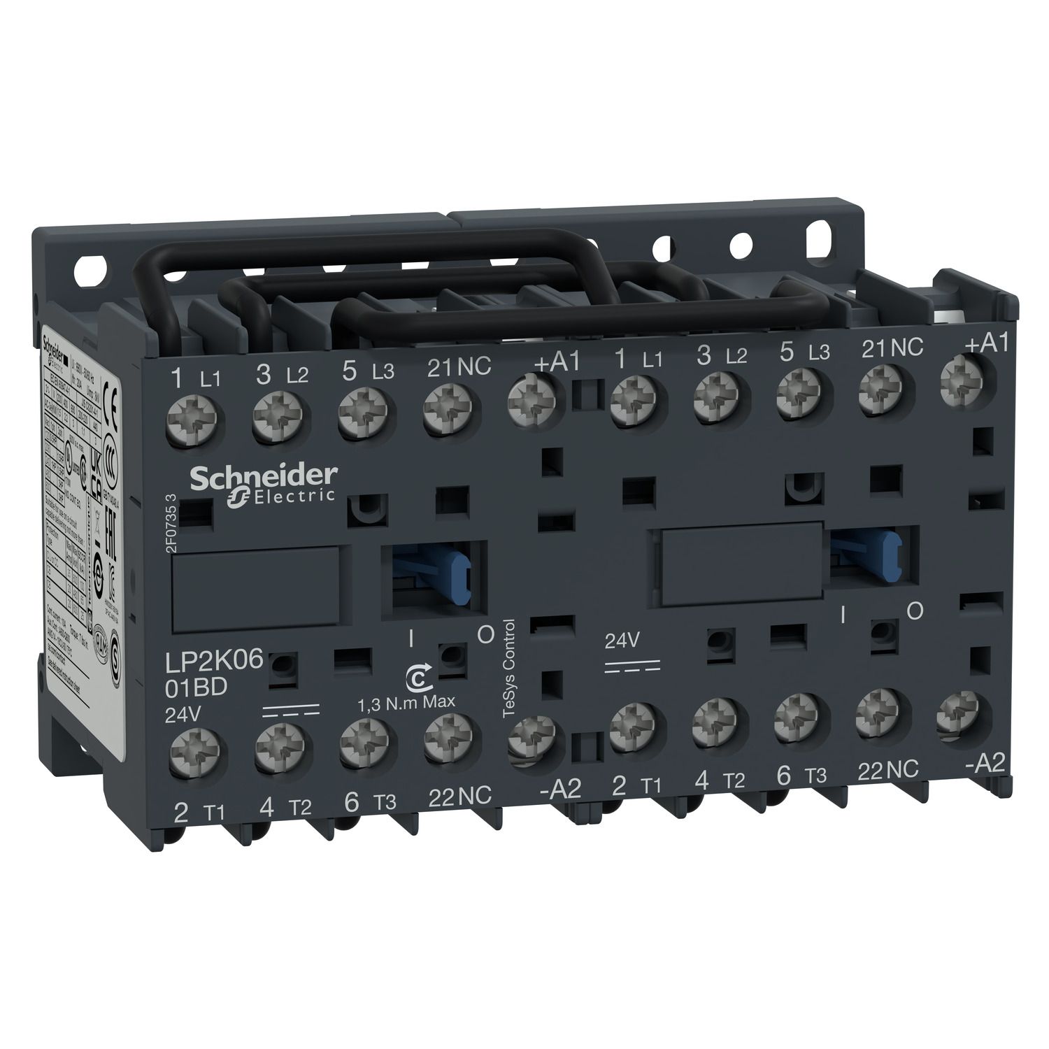 Picture of reversing Contactor, TeSys K, 3P, AC-3/AC-3e,440V 9A, 1NC, 24V DC coil, screw clamp terminals