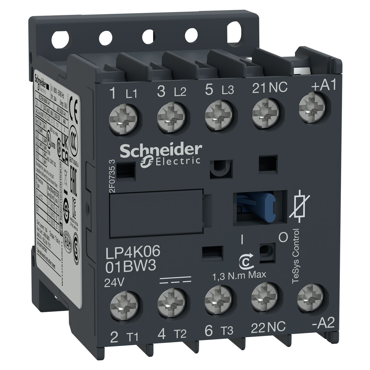 Picture of Contactor, TeSys K, 3P, AC-3/AC-3e, 440V, 6A, 1NC aux, 24V DC low consumption coil