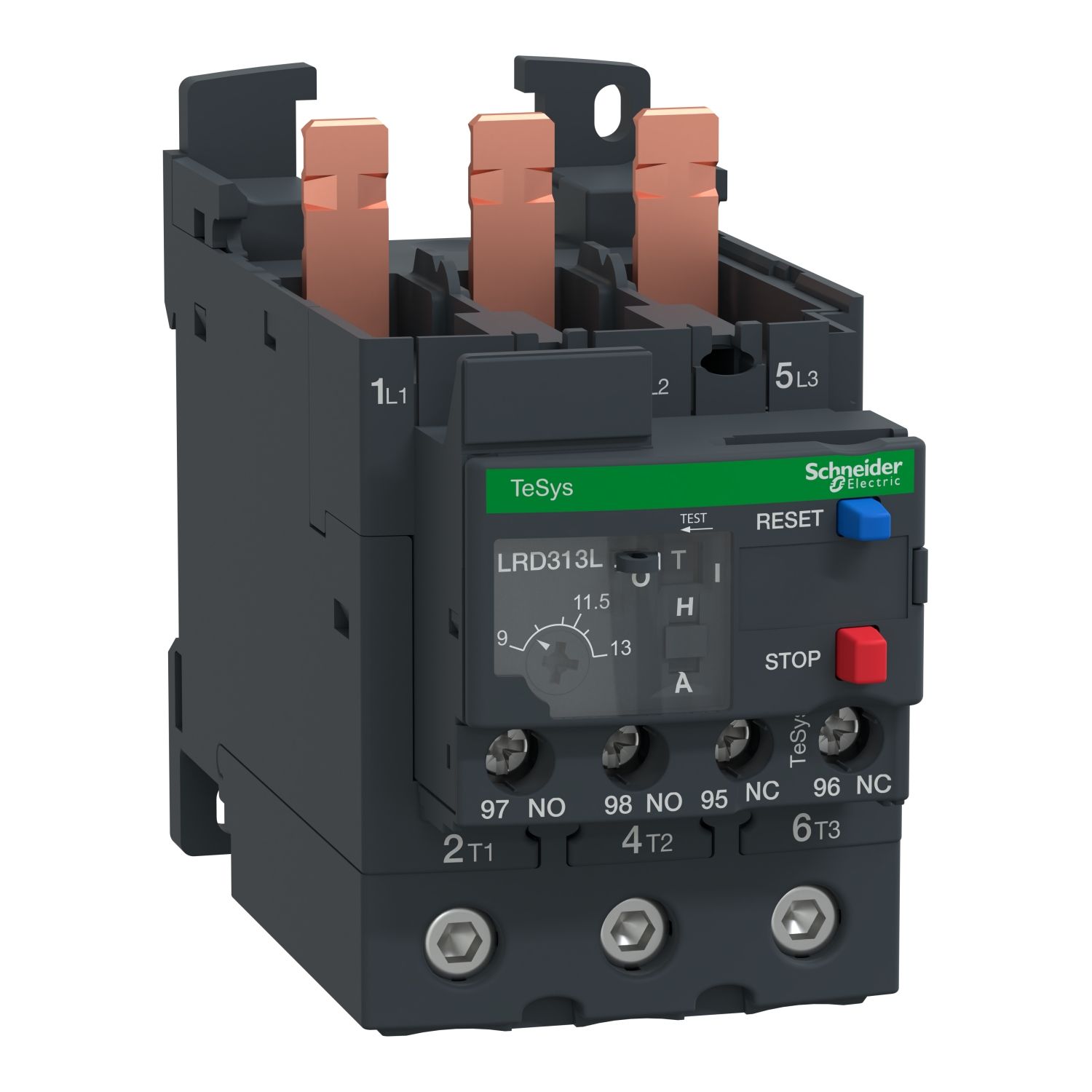 Picture of Thermal overload relay, TeSys Deca, 690VAC, 9 to 13A, 1NO+1NC, class 20, for D40A to D65A, screw clamp