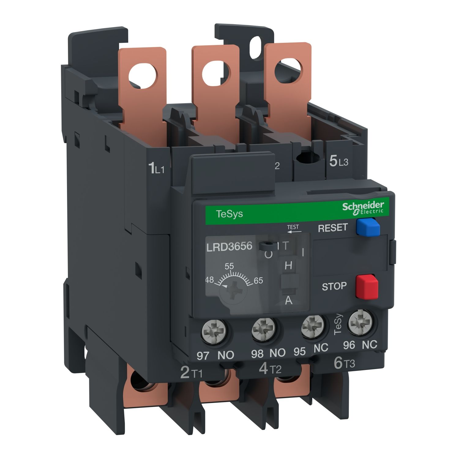 Picture of Thermal overload relay,TeSys Deca,48-65A,1NO+1NC,class 10A,EverLink lugs ring
