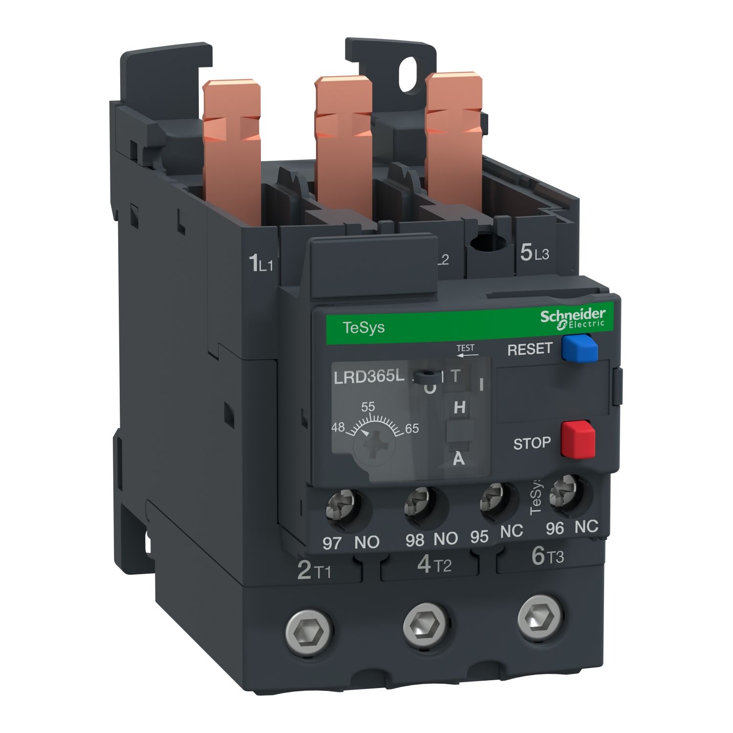 Picture of Thermal overload relay, TeSys Deca, 690VAC, 48 to 65A, 1NO+1NC, class 20, for D40A to D65A, EverLink BTR screw