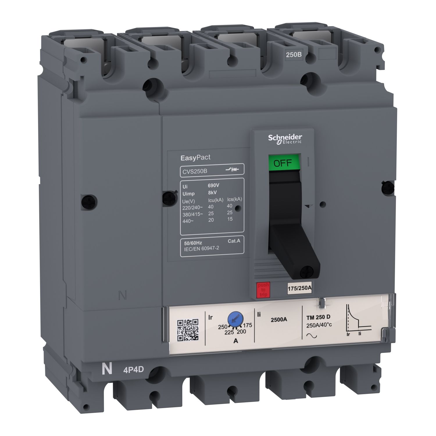 Picture of circuit breaker EasyPact CVS100B, 25kA at 415VAC, 63A TMD trip unit, 4P 3d