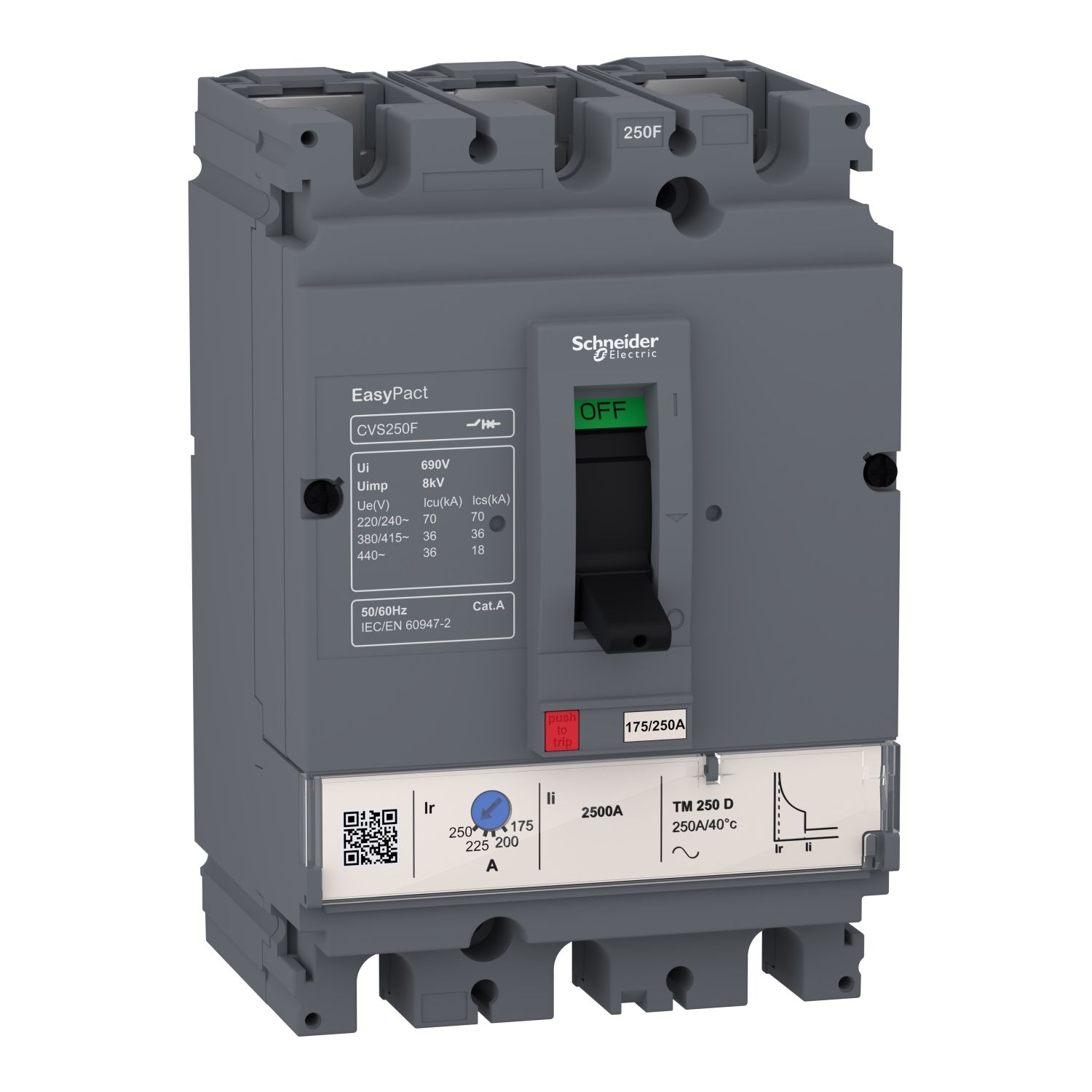 Picture of circuit breaker, EasyPact CVS100F, 36kA at 415VAC, 50A, TM-D trip unit, 3P3d