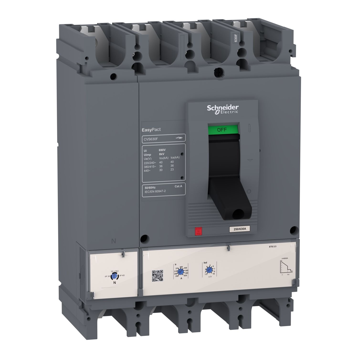 Picture of circuit breaker, EasyPact CVS400F, 36kA at 415VAC, 400A, ETS 2.3 electronic trip unit, 4P4d