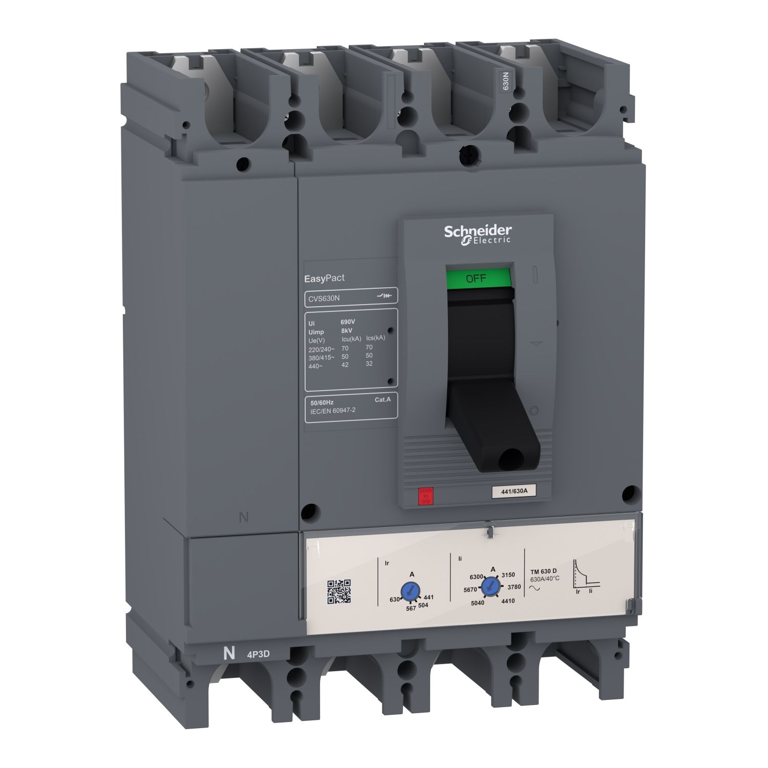Picture of circuit breaker, EasyPact CVS630N, 50kA at 415VAC, 500A, TM-D trip unit, 4P3d