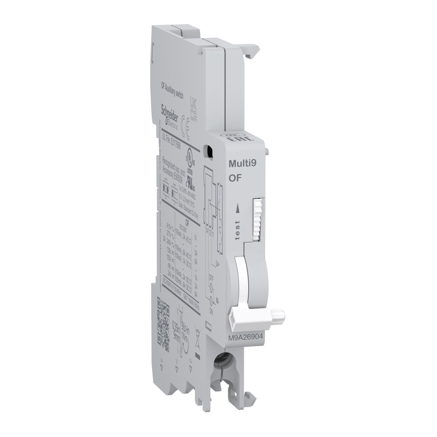 Picture of Auxiliary contact, Multi9, OF, 1 C/O, 100mA to 6A, 24VAC to 415VAC, 24VDC to 130VDC, bottom connection